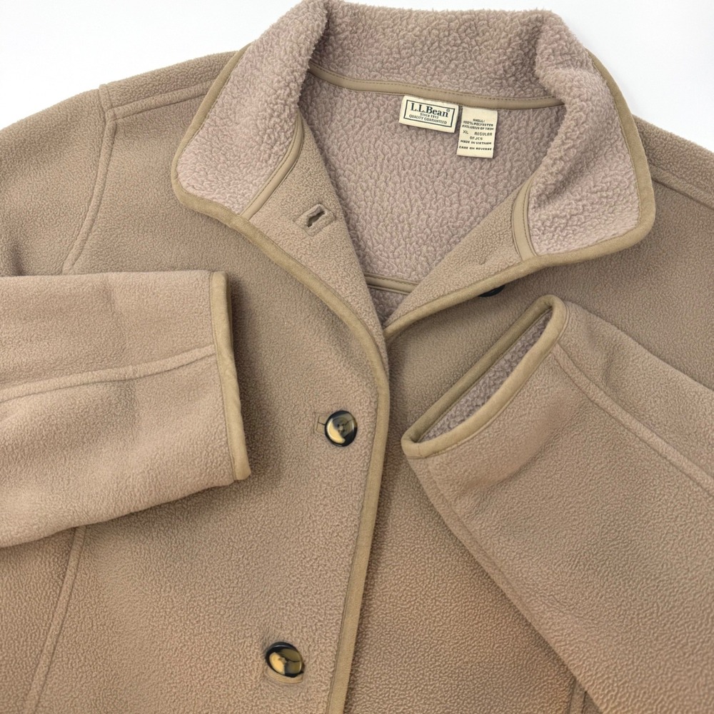 LL Bean Womens XL Tan Fleece Barn Coat Sherpa Collar Button Front‎ Jacket OFJC5